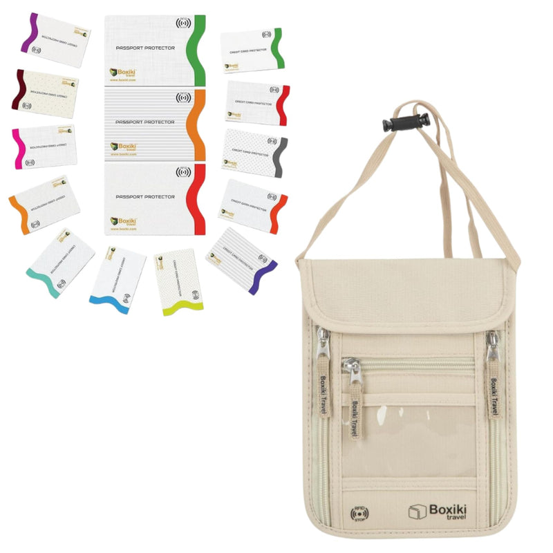 "RFID Travel Set: Blocking Sleeves for Identity Theft Prevention, Passport Covers, and Beige Neck Wallet with Adjustable Strap - Secure Storage for Cash, Credit Cards, and Travel Documents