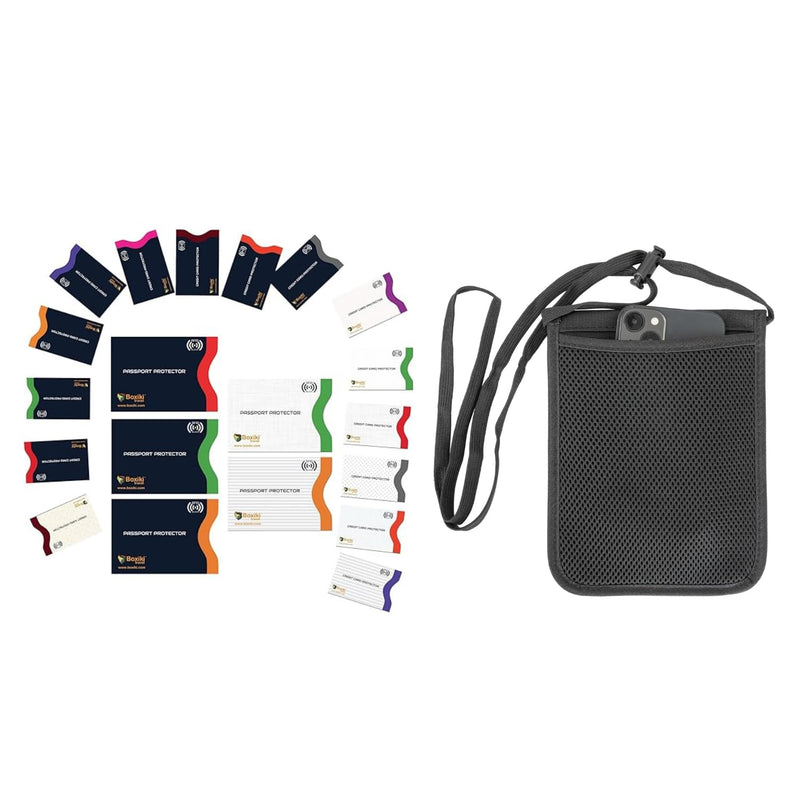 RFID Blocking Set: 20-Pack Card Sleeves (15 Credit Card + 5 Passport Holders) and Travel Neck Wallet - Secure Passport Holder, Money Pouch, and Adjustable Strap for Travel Safety