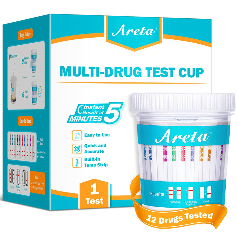 Areta Multi-Drug Test Cup - 12 Panel Home Urine Drug Testing Kit, 1 Pack | Detect for AMP OXY COC THC50 MET MOR OXY BAR BUP MDMA PCP MTD,ACDOA2-2124