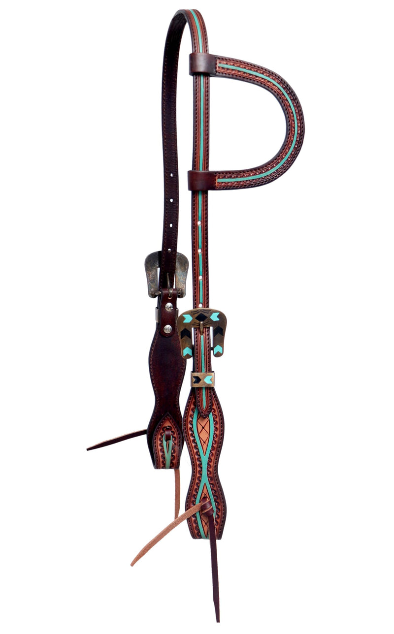 | Turquoise Painted | Tooled American Leather Spur Straps, Breastcollar,Slip Ear and Browband Headstall Slip Ear Headstall - PawsPlanet Australia