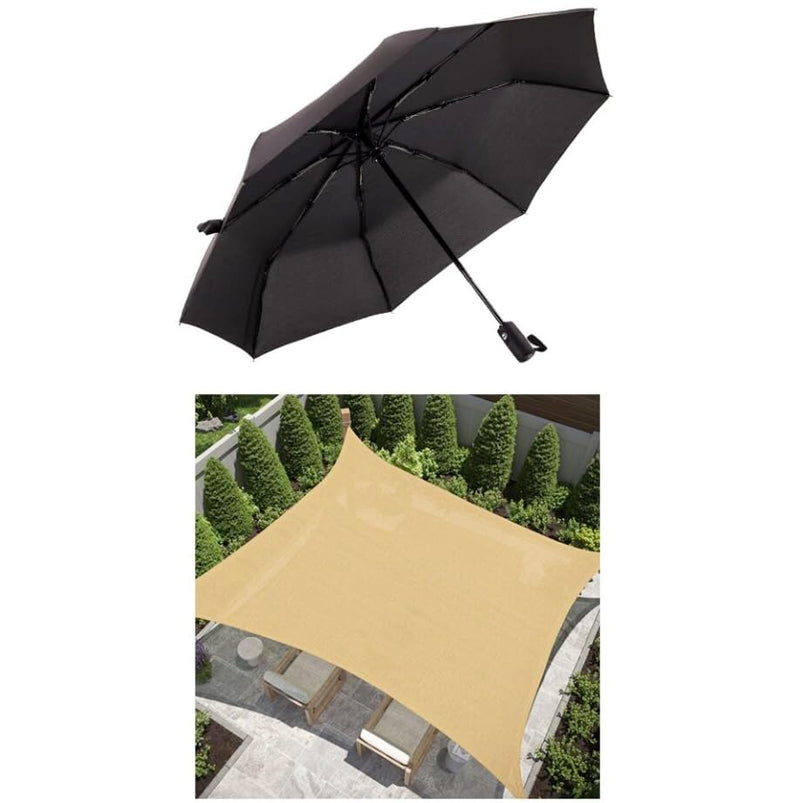GORILLA GRIP Windproof Umbrella and Shade Sail, Umbrella is Compact in Black Color, Shade Sail is UV Resistant in Sand Color, 2 Item Bundle
