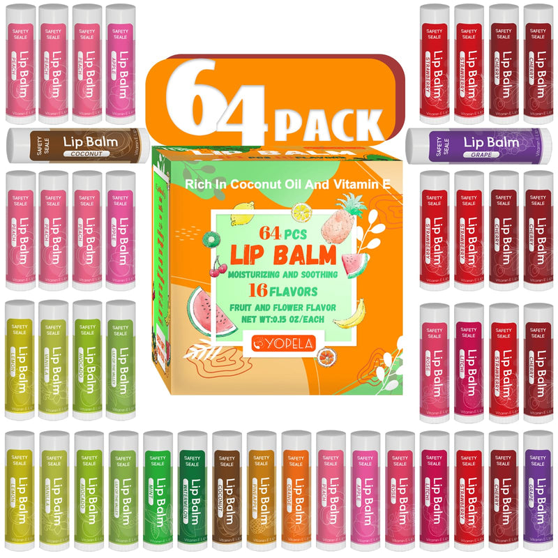 64 Pack Natural Lip Balm Bulk with Vitamin E and Coconut Oil - Moisturizing Dry Cracked Lips, Mini Chap Stick Gifts for Kids Women Men- 16 Flavors - Non-GMO Pack of 64