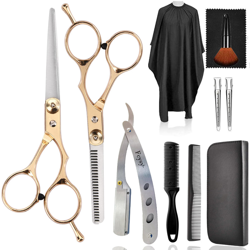 Hair Scissors Blending Shears Set, Fcysy 11 Pcs Professional Haircutting Thinning Shears Barber Kit, Salon Haircut Layering Scissors for Cutting Hair for Men Women Dogs 11pcs Gold