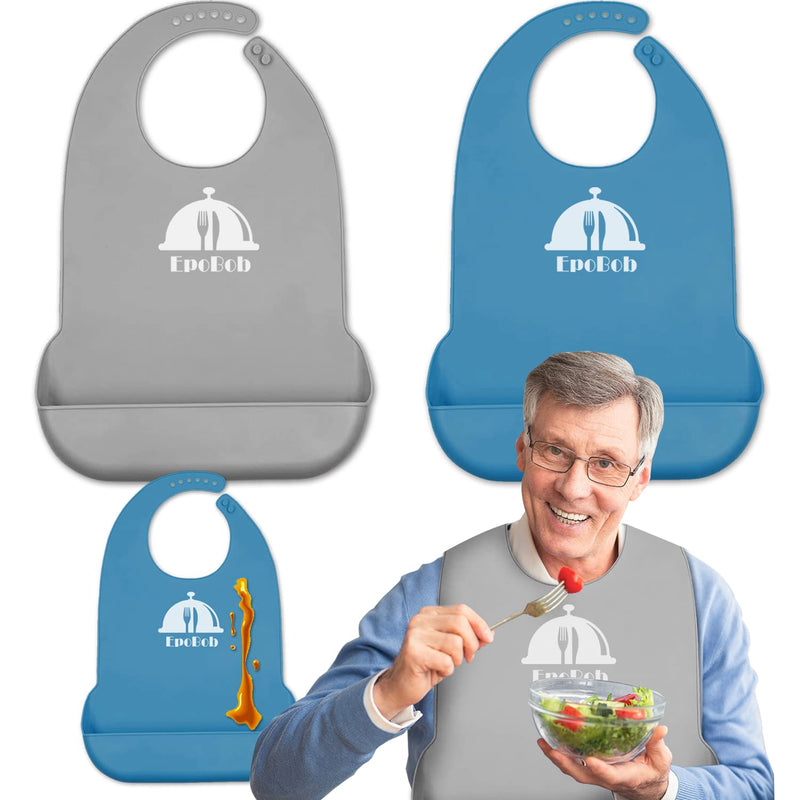[Australia] - 2 Pack Silicone Adult Bibs with Crumb Catcher, Washable and Adjustable Adult Bibs for Elderly Men Women Seniors Deepblue, Grey 