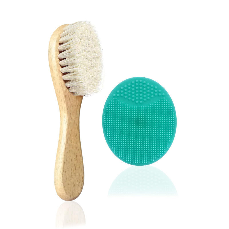 [Australia] - Baby Hair Brush, Goat Bristles Brush and Baby Cradle Cap Brush Set for Cradle Cap Wood Bristle Brush for Newborns and Toddlers (2 Piece) 2pcs (Green Silicone Brush) 