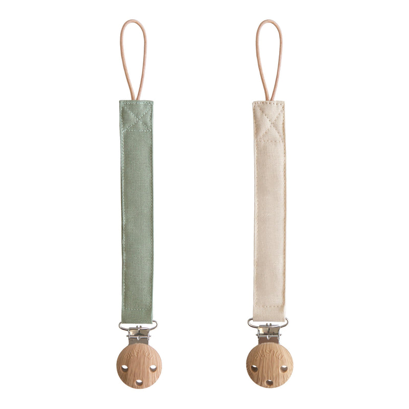 [Australia] - mushie Linen Baby Pacifier Clip Holder | Soft Fabric Strap, 2-Pack (Olive/Shifting Sand) Olive/Shifting Sand 
