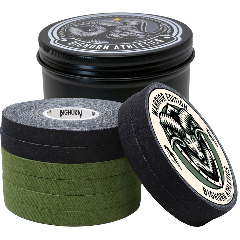 Bighorn Athletics Military Green & Black Finger Tape with Black Tin Canister | 0.3-in x 45-Ft, 8-Rolls | All-Purpose Protection & Support Tape for Jiu Jitsu, Climbing, Golf, Volleyball & More