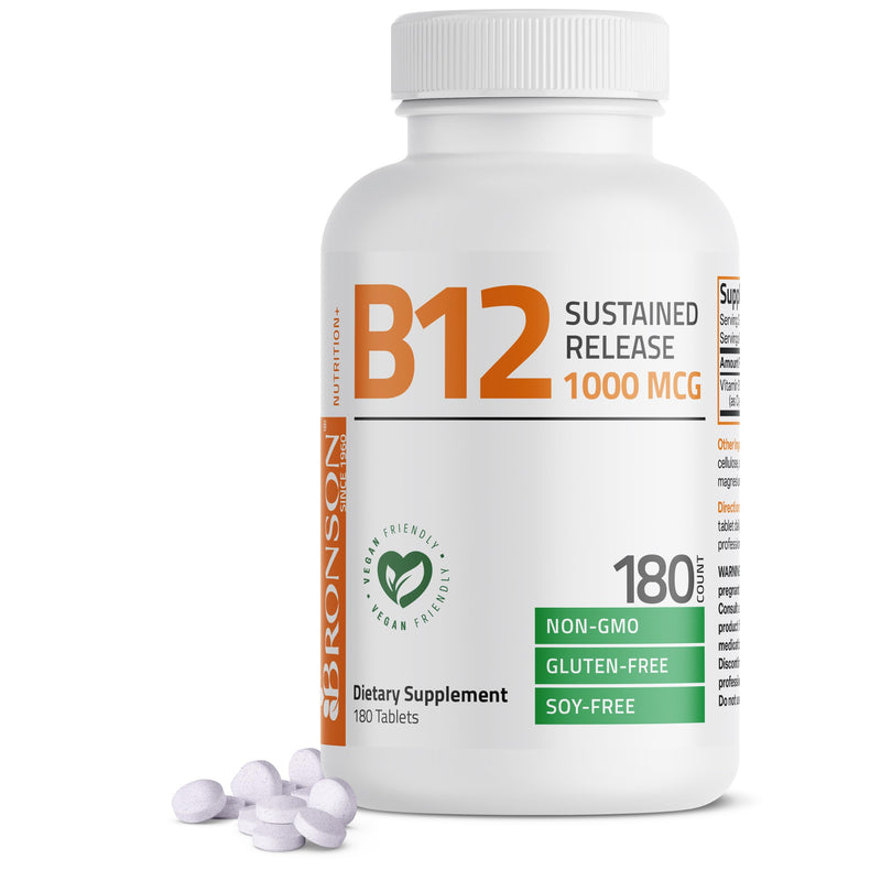 Bronson Vitamin B12 1000 mcg Sustained Release, Energy Support, 180 Tablets | Healthy Brain Function & Nervous System Support, Vegan, Non-GMO, Gluten-Free & Soy-Free 180 Count (Pack of 1)