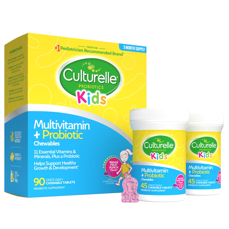 Culturelle Kids Multivitamin + Probiotic Chewable, Ages 3+, 90 Count | From the #1 Pediatrician-Recommended Brand± Digestive Health, Oral & Immune Support*, 11 Vitamins & Minerals, Fruit Punch 90.0