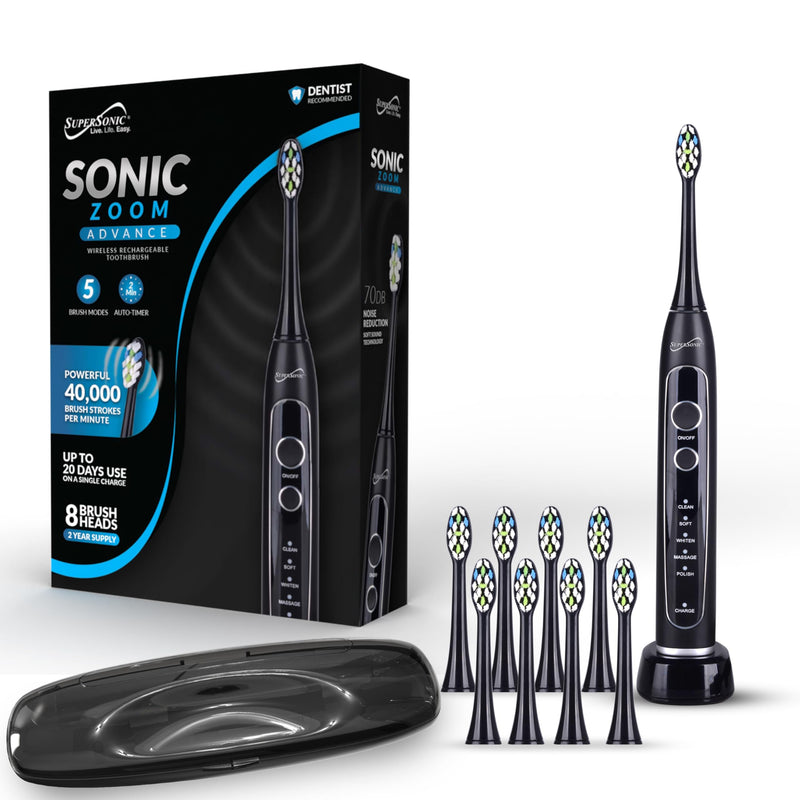[Australia] - Supersonic TB-5100 Sonic Zoom Advanced Whitening Electric Toothbrush | 40,000 VPM | Wireless Charging | 5 Cleaning Modes | 8 Brush Heads | Auto Timer | Travel Case | Black 