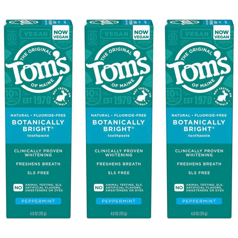 [Australia] - Tom’s of Maine Botanically Bright Natural Whitening Toothpaste, Fluoride Free and SLS Free, Vegan, Peppermint, 3 Pack, 4.0 Oz 4 Ounce (Pack of 3) 