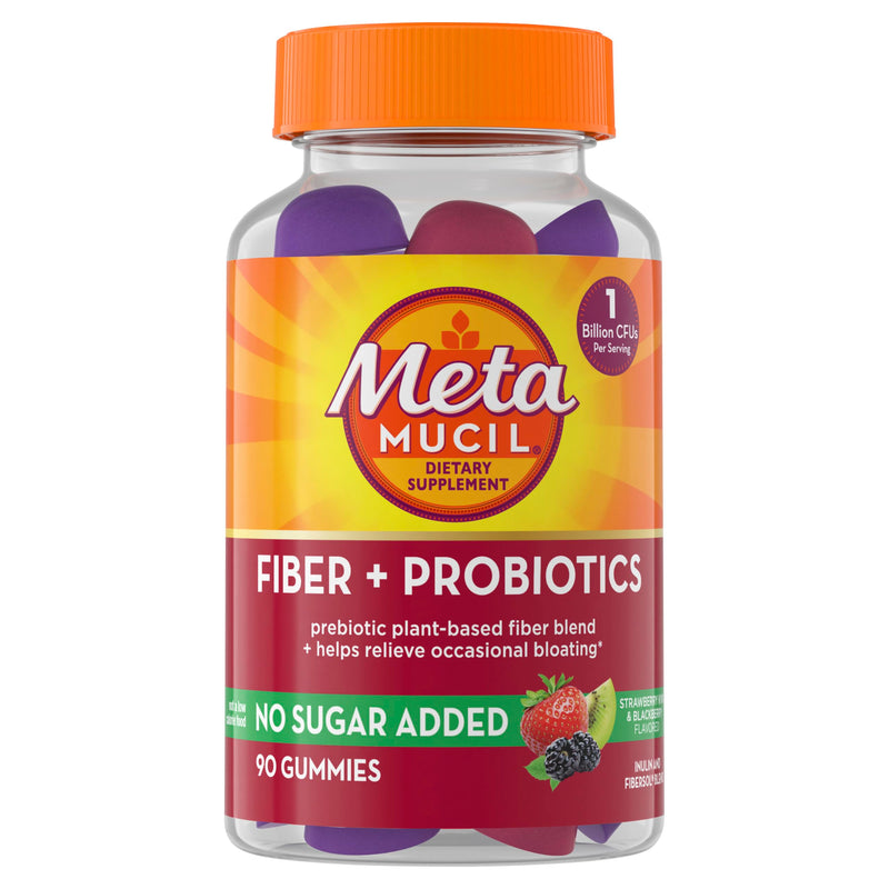 Metamucil Fiber Gummies for Adults with Probiotics for Bloating Relief, No Sugar Added Strawberry Kiwi BlackBerry Flavors, 5g Prebiotic Plant Based Fiber Supplement Blend, 90 Count 90 Count (Pack of 1)