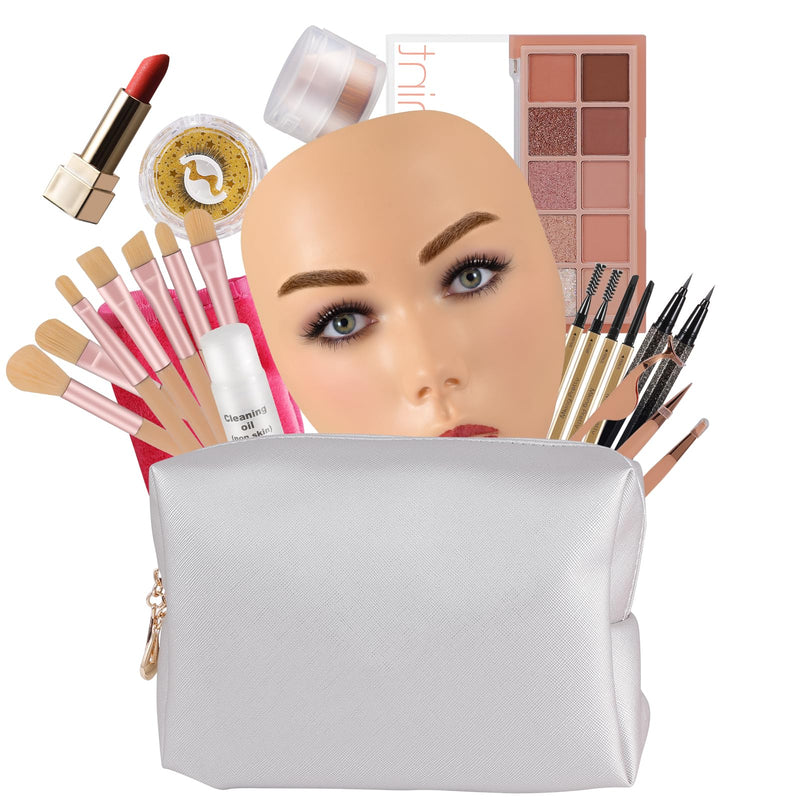 [Australia] - 3D Makeup Practice Kit, Reusable Silicone Practice Face Board/Makeup Mannequin Face,with Brushes&Eyebrow Pencils&Eyelashes&Bag&Eyeshadow&Lipstick 