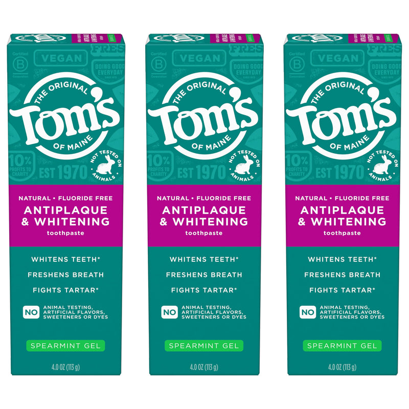 [Australia] - Tom's of Maine Antiplaque and Whitening Fluoride Free Natural Toothpaste Gel, Vegan, Spearmint, 4 Ounces (3 Pack) 