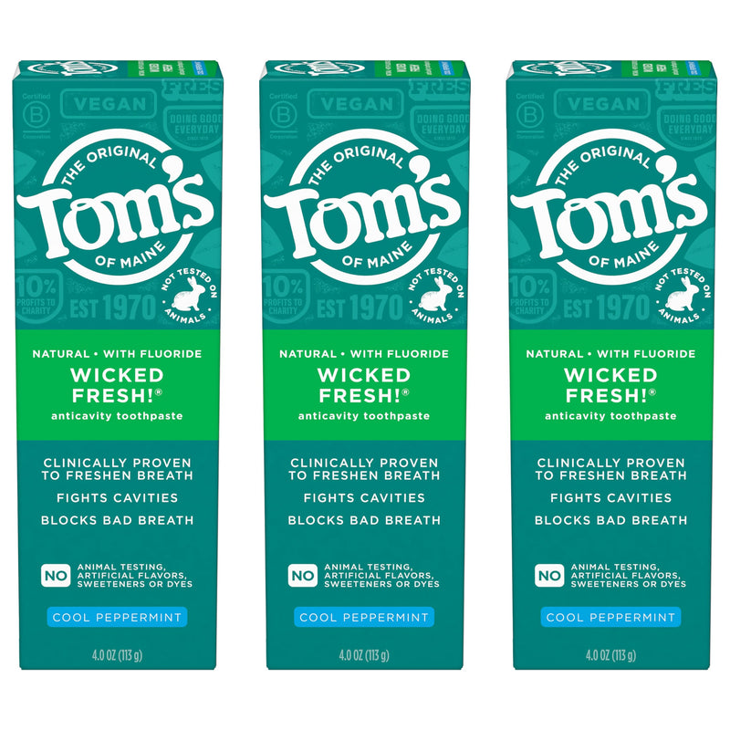 [Australia] - Tom's of Maine Wicked Fresh! Natural Fluoride Anticavity Toothpaste, 3 Pack, 4.0oz Peppermint 4 Ounce (Pack of 3) 