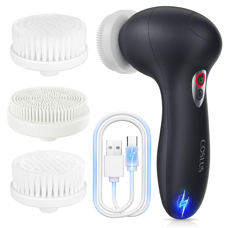 COSLUS Facial Cleansing Brush Face Scrubber: 3 in 1 Bi-Directional Electric Spin Brush for Removing Blackhead, Exfoliating, Massaging - Rechargeable Waterproof, 3 Adjustable Speeds for Men & Women Black