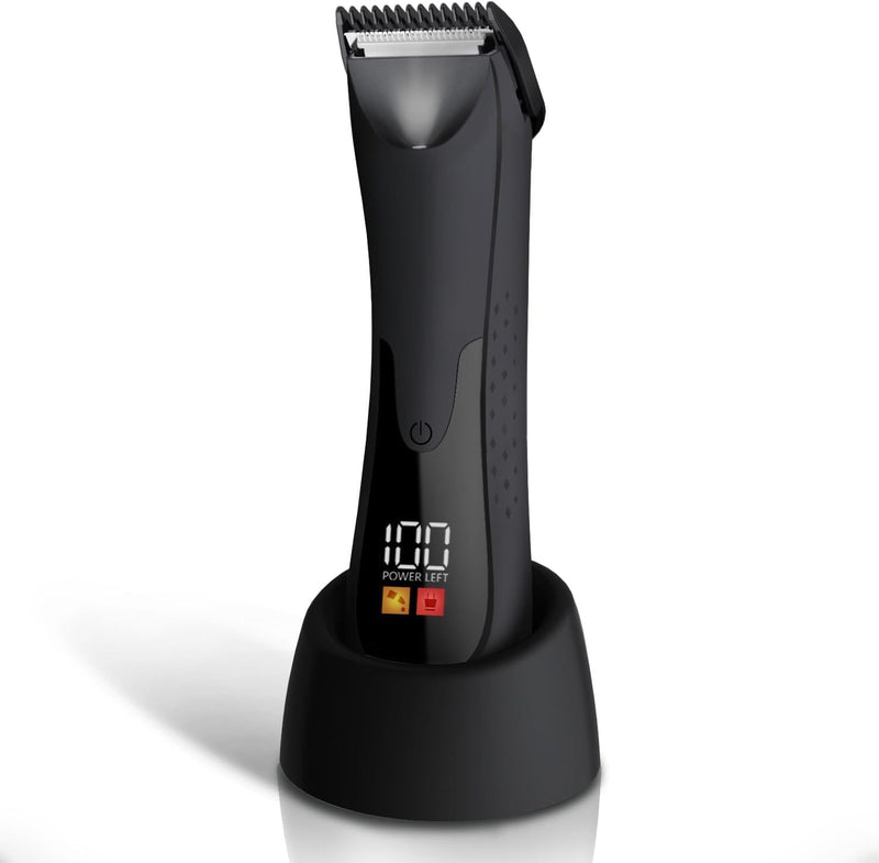 [Australia] - Groin Hair Trimmer - Electric Manscape Trimmer for Men, Waterproof Ball Trimmer for Pubic/Body/Groin Grooming with Ceramic Blade, LED Light, Charging Base Black 