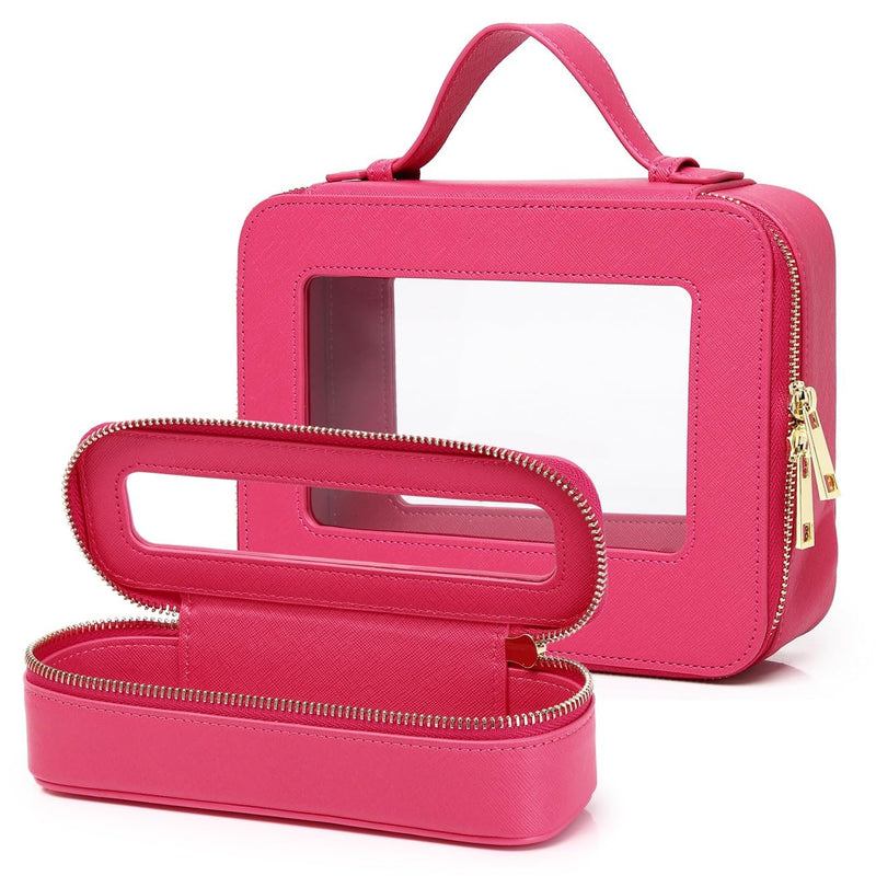 Pinkmik Travel Clear Makeup Bag with Brush Bag Portable Cosmetic Bag Case Transparent Toiletry Bag Cosmetic Organizer Storage Bag for Wome (X/Fuxia, L+SLIM) X/Fuxia