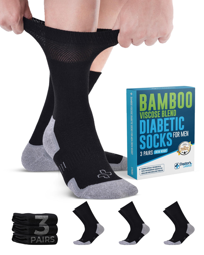 [Australia] - Doctor's Select Bamboo Viscose Diabetic Socks for Men - 3 Pairs Crew Mens Diabetic Socks Black - 3 Pairs Large 