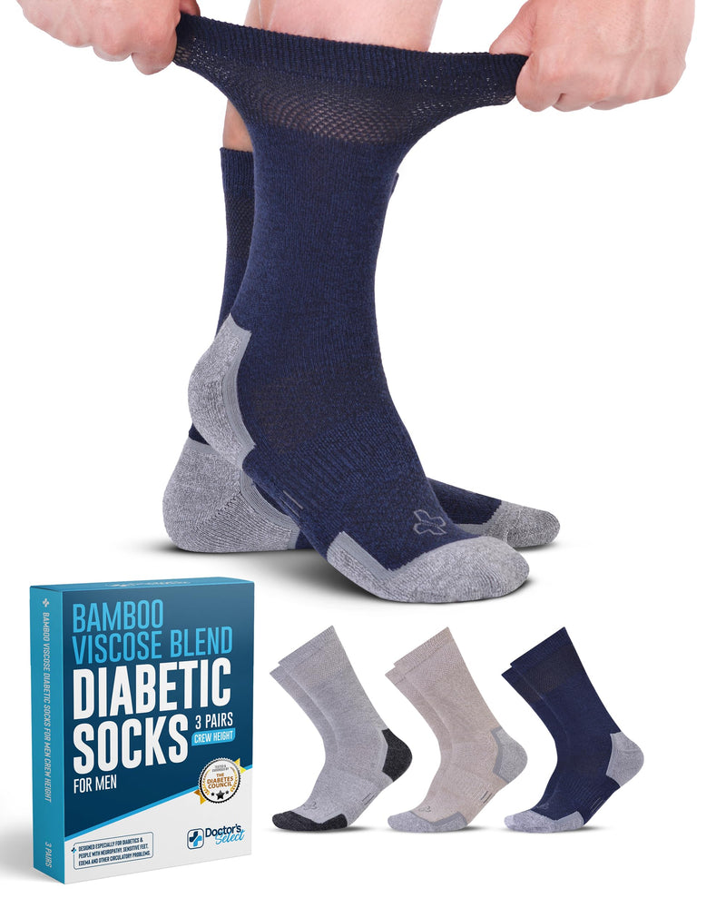 [Australia] - Doctor's Select Bamboo Viscose Diabetic Socks for Men - 3 Pairs Crew Diabetic Neuropathy Socks for Men | Mens Diabetic Socks Large Navy, Tan, Grey 