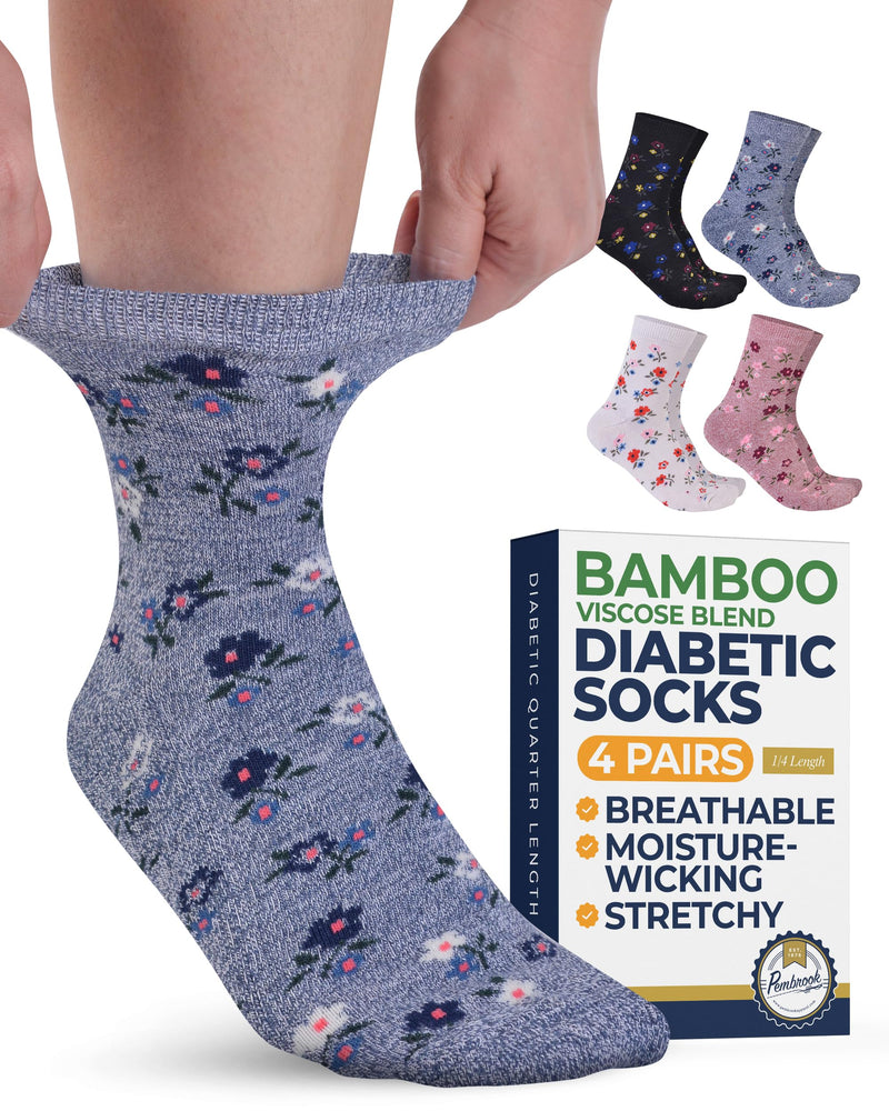 [Australia] - Pembrook Ankle Diabetic Socks for Women & Men - 4 Pairs Flowers, Moisture-Wicking Non Binding Socks Women, Neuropathy and Edema, Stretchy Wide Top Large Flowers Set 1 - 4 Pairs 