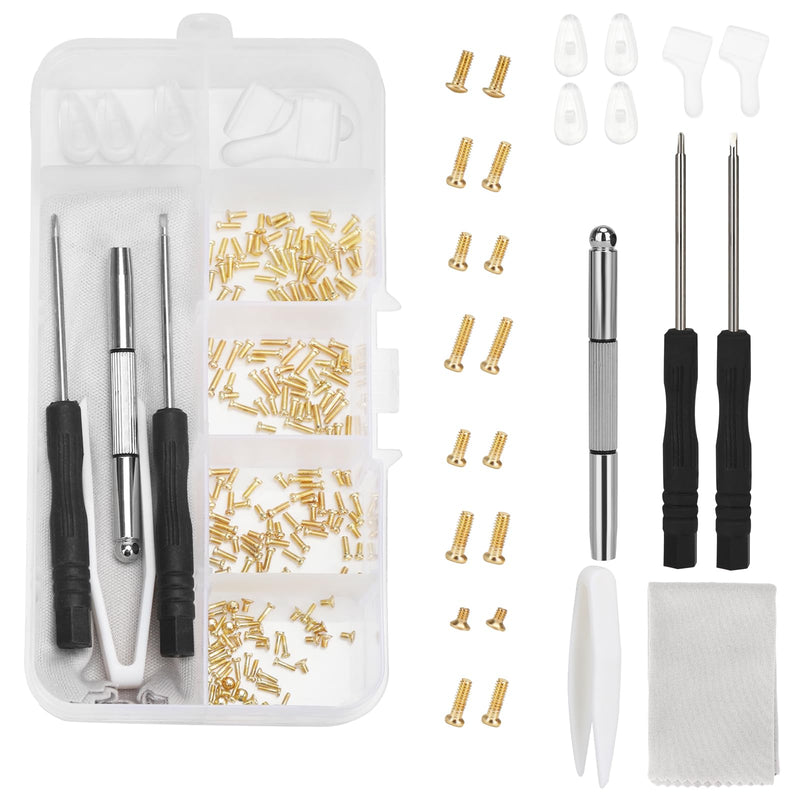 [Australia] - Gold Eyeglass Repair Tool Kit Eye Glass Repair Kit Eye Glasses Repairing Screwdriver Set with Eyeglass Screws, Nose Pads, Small Screwdriver, Tweezers for Glasses Sunglasses Watch Clock Repair 