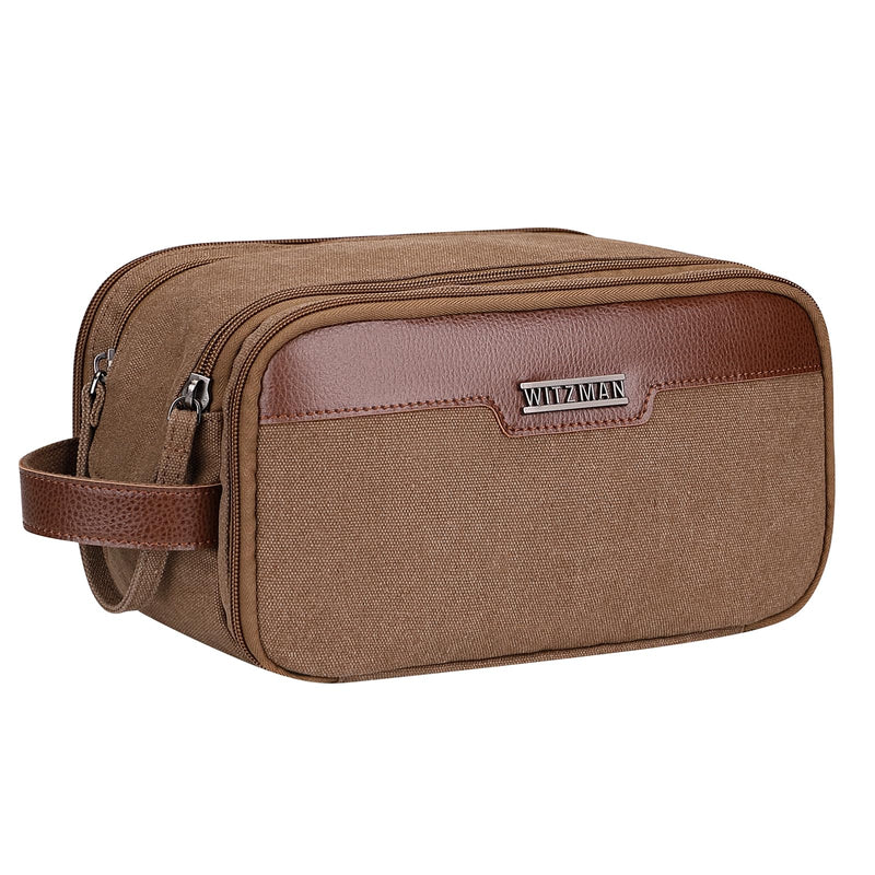 WITZMAN Canvas Toiletry Bag for Men Travel Toiletries Large 7L Dopp Kit | Multi-pockets with Dry-wet Pocket, Side Handle for Hanging, Lightweight, For Daily Use, Bathroom, Make up, A8002 Brown
