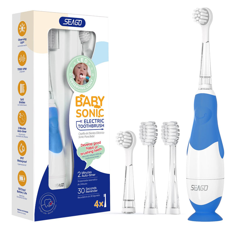 [Australia] - SEAGO Toddler Electric Toothbrushes for Baby Ages 0-3 Years, Baby Toothbrush with Smart Timer and Suction Base, 4 Replacement Brush Heads SG-513 (Navy-C) Navy-c 