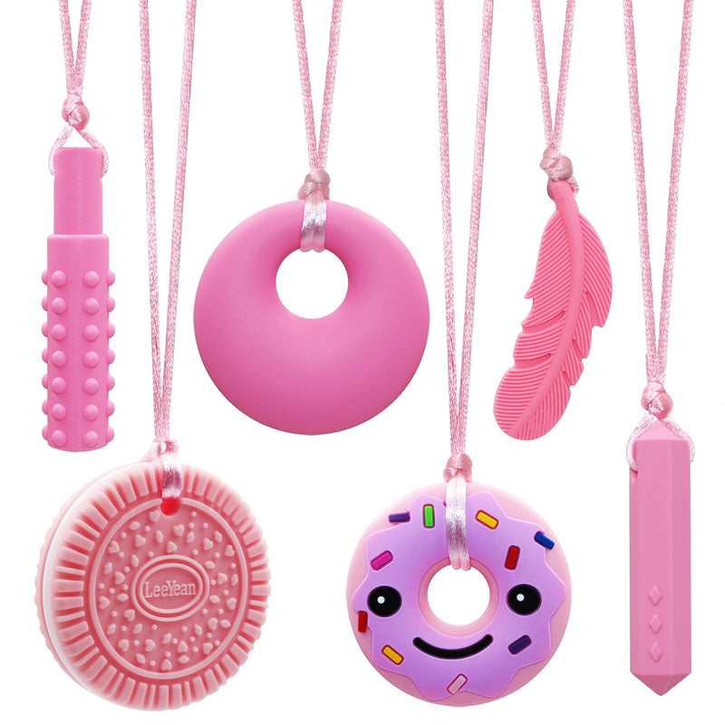 [Australia] - Chew Necklaces for Sensory Kids, Silicone Chewy Necklace for Children with Autism, ADHD, SPD, Chewing, Oral Motor Therapy Sensory Toys Pink 6PCS 