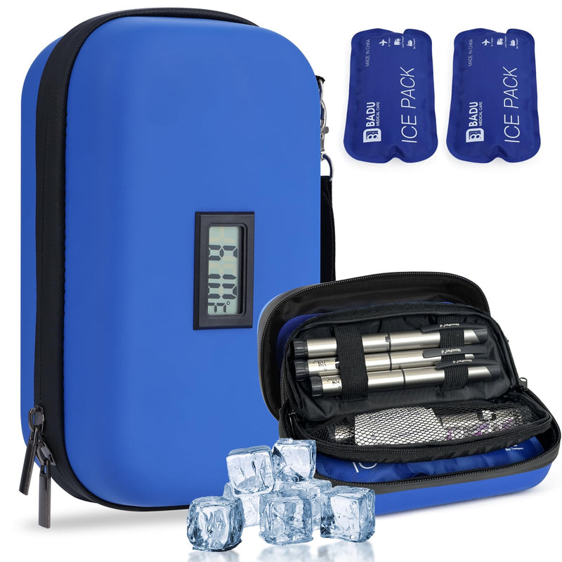 [Australia] - 24h Insulin Cooler Travel Case TSA Approved Refrigerated Medicine Cooler for Travel w/Thermometer Temperature Display Diabetic Travel Case Bag w/2 Reusable Ice Packs for Daily Life Trip Blue 