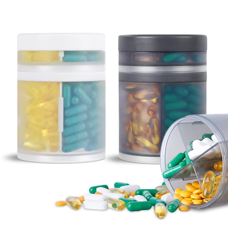 KIGI 2 Pack Extra Large Capacity Double Layers Medicine Organizer and Pill Case with 8 Compartments, Medicine Dispenser, Monthly Vitamins Organizers, Pill Bottle 2 Pack Gray+transparent Travel