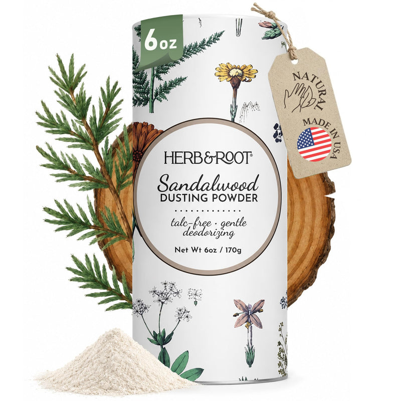 Sandalwood Talc-Free Dusting Powder with Arrowroot, Oats, Zinc & Magnesium - Body & Foot Powder for Women, Chafing & Deodorizing (Sandalwood) Sandalwood 6 Ounce (Pack of 1)