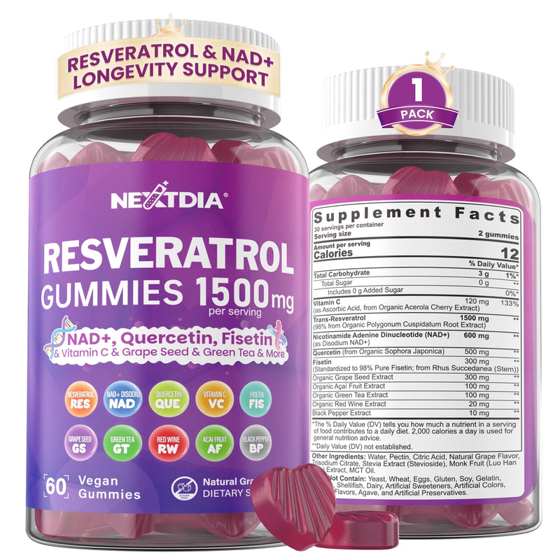 1500mg Resveratrol+NAD+ 600mg +Quercetin+Fisetin Gummies-Sugar Free,1 Pack | Resveratrol Supplement-NMN Synergy w/Grape Seed,Acai Berries Extracts for Antioxidant,Healthy Aging & longevity, Skin, Brain 60 Count (Pack of 1)