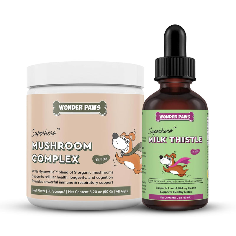Mushroom Complex Powder Plus Milk Thistle Drops - for Dog Immune Support, Vitality Liver, Detox & Overall Wellness – Mushroom Complex 90 Scoops - Milk Thistle 2 Ounces - PawsPlanet Australia