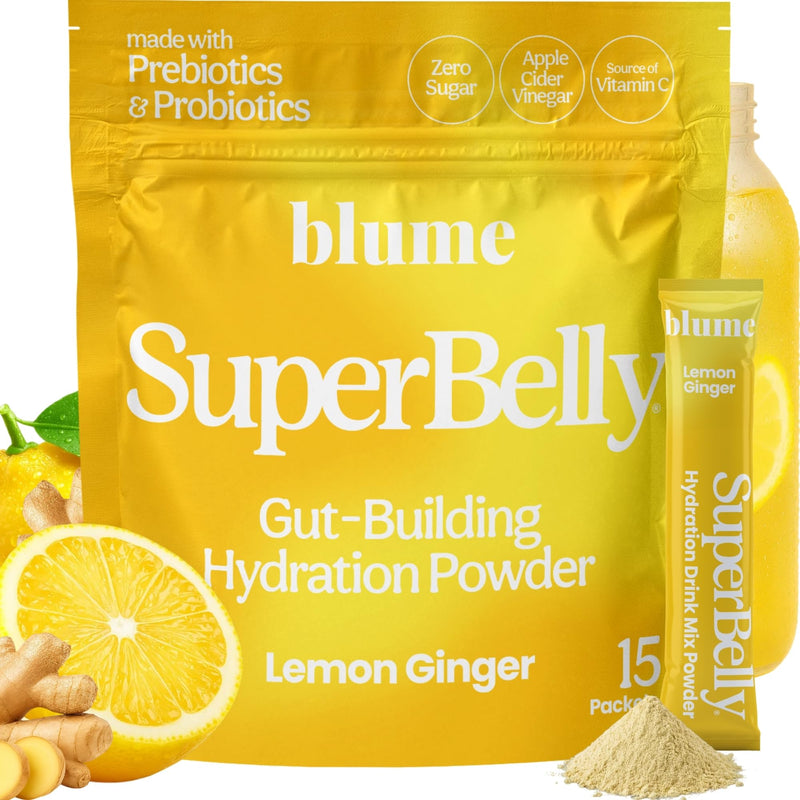 Blume SuperBelly Gut Health + Hydration, Daily Sugar Free Probiotics, Prebiotic Fiber, and Electrolytes Powder Packets for Digestion Support, Stacked Water - Lemon Ginger, 15 Sticks