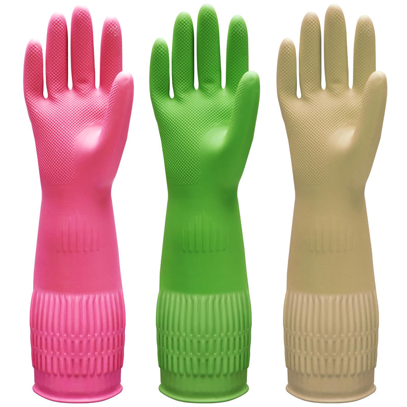 [Australia] - Bamllum 3 Pairs of Rubber Dishwashing Gloves for Kitchen and Household Cleaning – Long Cuff 15", Reusable, Flexible Long-lasting and Non-Slip (Red+Yellow+Green, Large) Red+yellow+green 