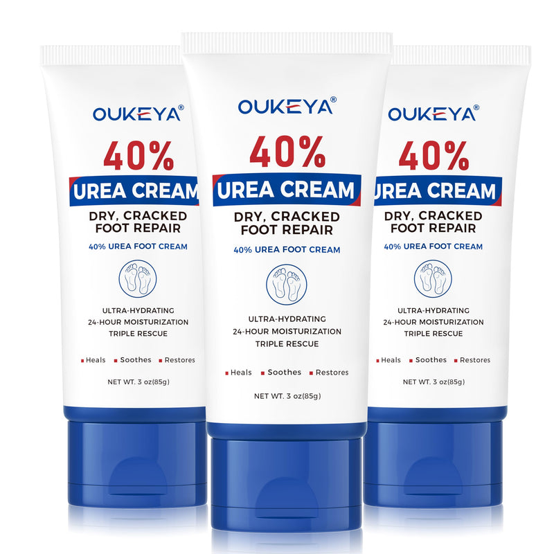 OUKEYA Urea Cream 40 Percent Tube 3 Oz, Urea Foot & Hand Cream for Dry Cracked, 40 per Urea Lotion for Feet Maximum Strength 3 Ounce(Pack of 3) | Moisturizing, Exfoliating, Softening, Feet, Heels, Elbows Knees, Non-Greasy, Fast-Absorbing