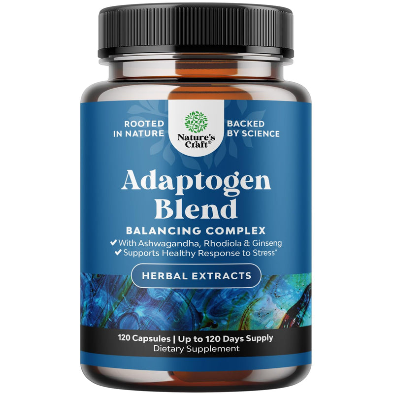 Adaptogens Supplements Blend Capsules w Ashwagandha & Rhodiola - 120 ct | Calming adaptogen support for stress, mood, energy & cortisol management; vegan, non-GMO 120 Count (Pack of 1)