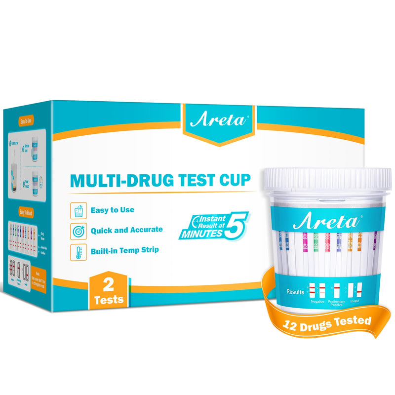 Areta Multi-Drug Test Cup - 12 Panel Home Urine Drug Testing Kit, 2 Pack | Detect for AMP OXY COC THC50 MET MOP OXY BAR BUP MDMA PCP MTD,ACDOA2-2124