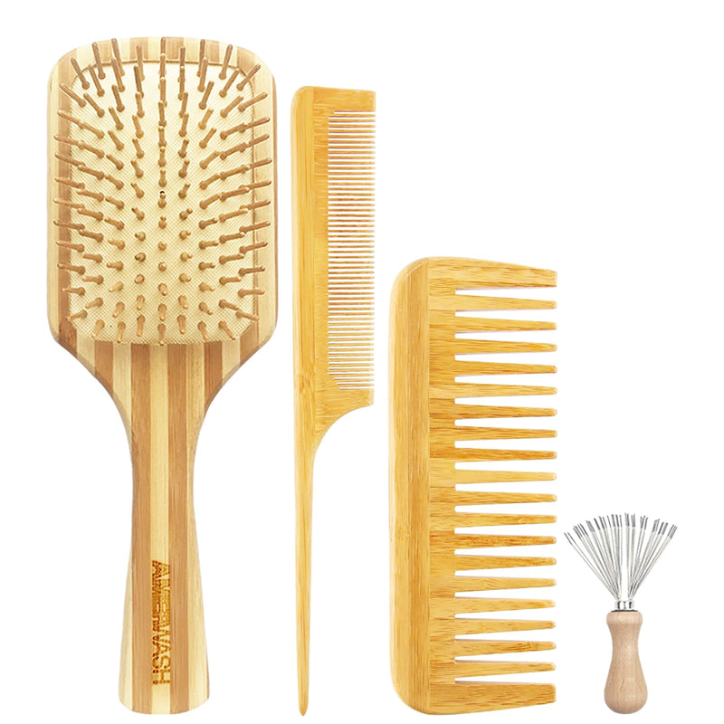 Bamboo Hair Brush Comb Set for Women, Wooden Paddle Detangling Brush for Thick Thin Curly Straight Wavy Fine Hair, Wide Tooth & Tail Comb Great for Wet or Dry Use, Hairbrush Cleaning Tool Included Large paddle hairbrush + Cleaner rake + 2 Comb