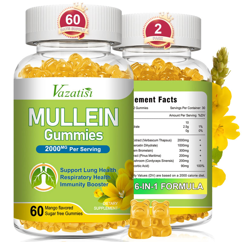 [Australia] - Mullein Gummies, Mullein Leaf Extract with Bromelain, Quercetin, Pine Bark Support Lung Cleanse for Healthy Breathing, 120ct Mango 60 Count (Pack of 2) 