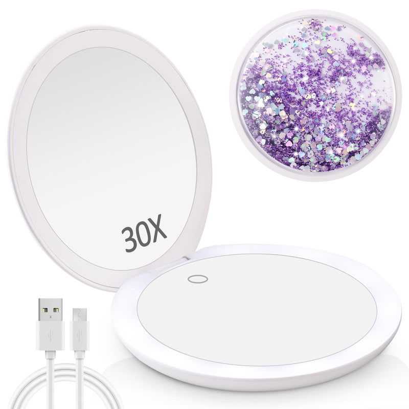 MIYADIVA Makeup Mirror with Lights, Rechargeable 1x/30x Compact Magnifying Mirror with Light, As a Magnifying Makeup Mirror and 30x Magnification,4.8 Inch,Purple Purple