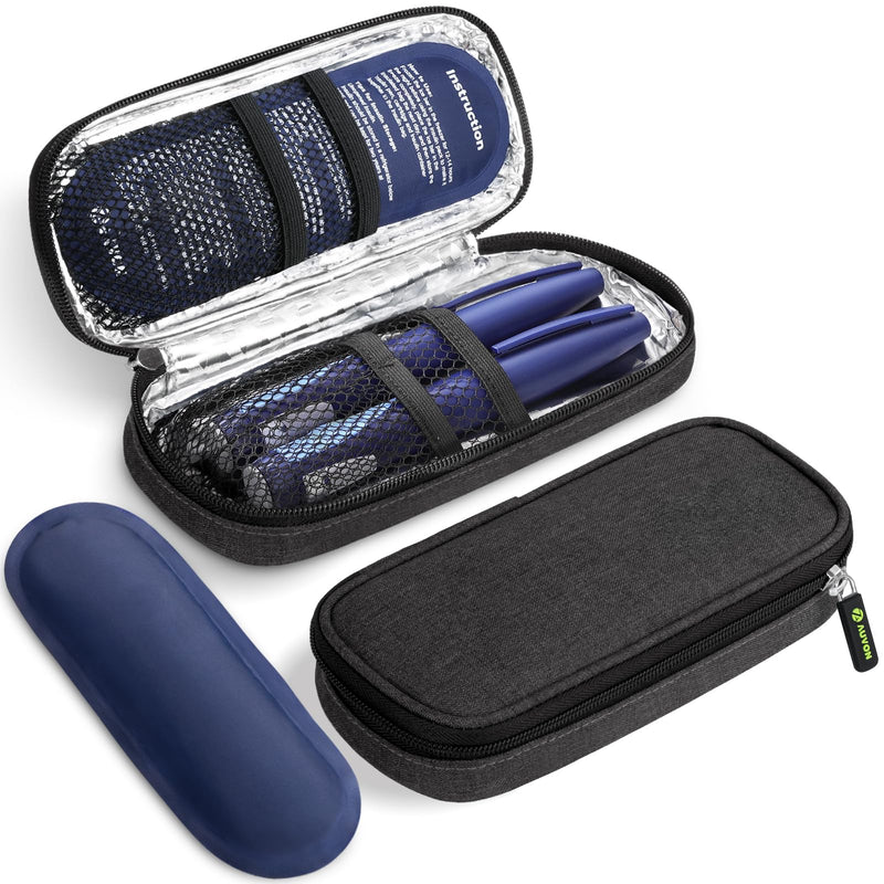 [Australia] - AUVON Insulin Pen Cooler Travel Case with 2 * 90g TSA Approved Ice Packs, Diabetic Medication Insulated Cooling Bag for Insulin Pens and Diabetic Supplies Storage, Compact for Daily Life and Trips Black 