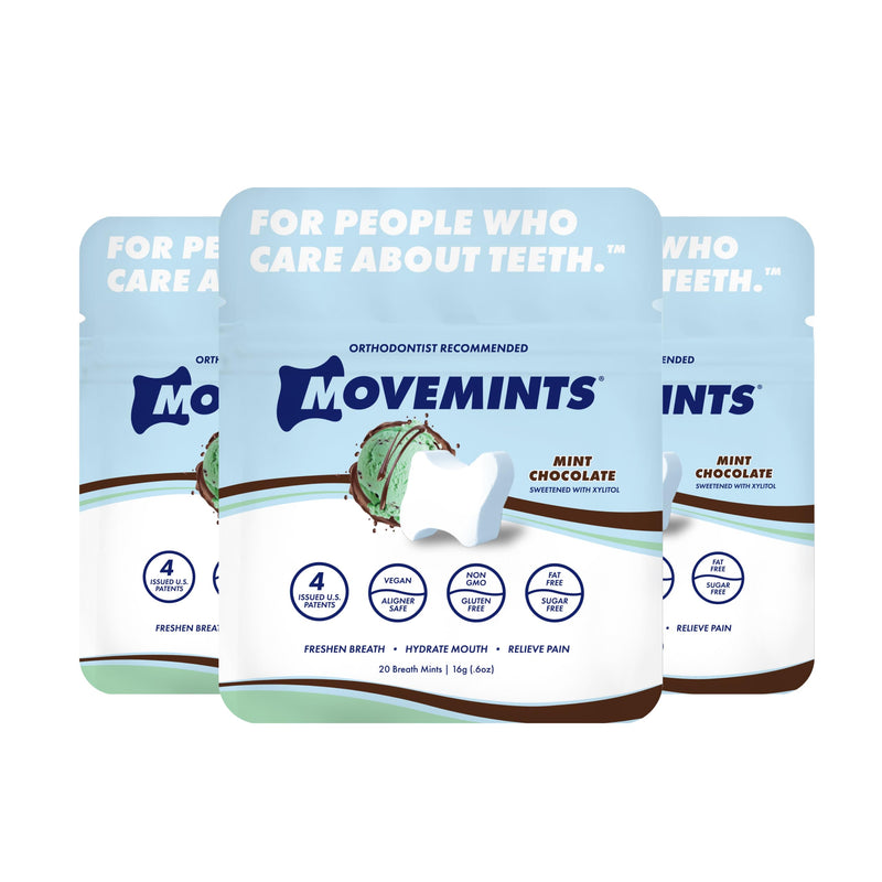 [Australia] - Movemints Clear Aligner Mints - Patented, Edible Alternative to Chewies - Freshen Breath and Improve Dry Mouth with Xylitol - Mint Chocolate (3 Pack) 20 Count (Pack of 3) 