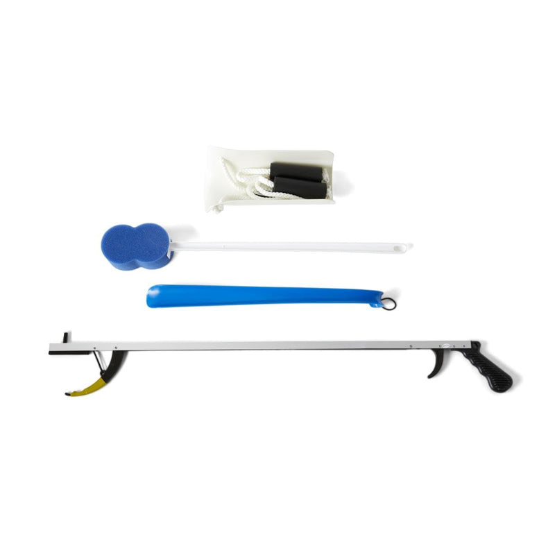 [Australia] - Medline Economy Hip Kit, Mobility Aids Ideal for Hip Surgery Recovery, 4-Pieces, 32" Grabber Reacher, Shoehorn, Sock-Aid, and Contoured Bath Sponge 