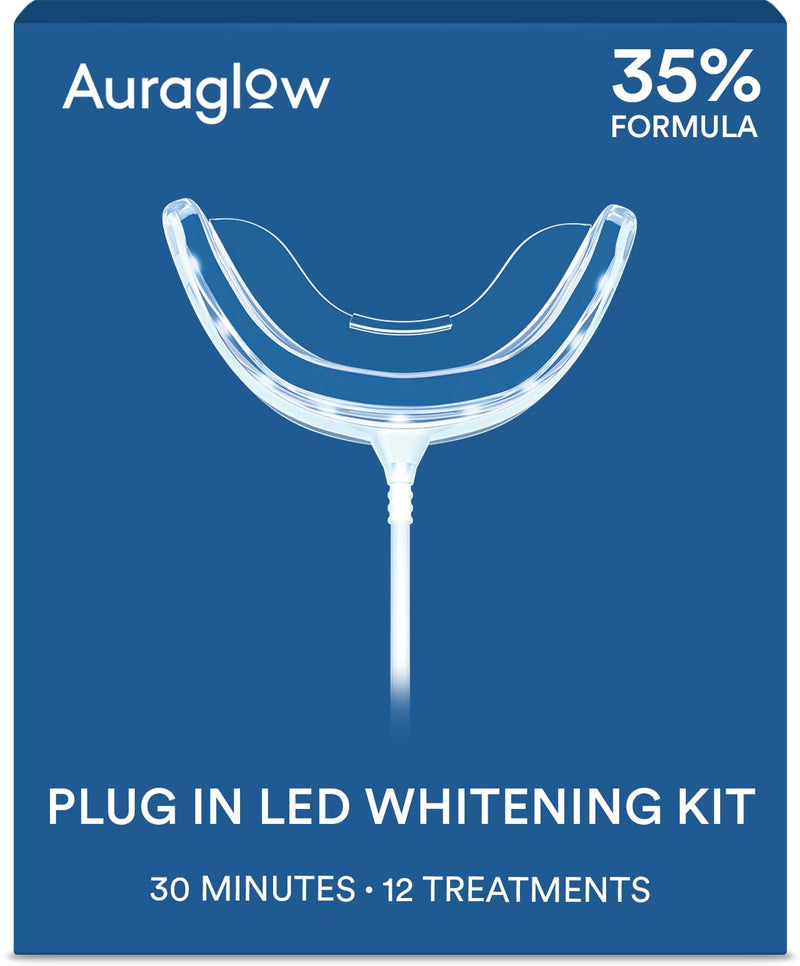 Auraglow Plug-in LED Teeth Whitening Kit – Wired Light Device – 35% Carbamide Peroxide Gel – 12 Treatments – at-Home Tooth Whitening System – Enamel-Safe at-Home Whitening for Coffee & Tea Stains Spearmint