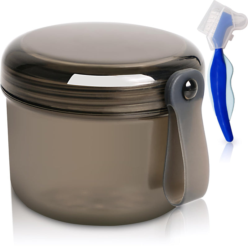 [Australia] - Denture Bath Case Box, Leak Proof Denture Cups for Soaking Full & Partial Dentures, Retainers,Dishwasher safe,with Hard Denture Brush & Denture Toothbrush Cover (Transparent Black) transparent black 