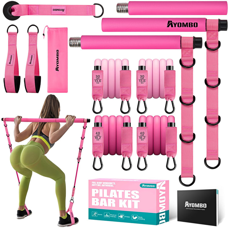 [Australia] - Pilates Bar Kit with Resistance Bands, Pilates Workout Equipment for Legs, Hip, Waist, Arm, Squats Exercise Equipment for Home Workouts, Adjustable 3-Section Pilates Bar Kit for Women & Men 1-Pink New-140LBS 
