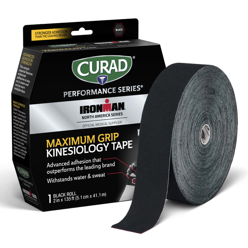 [Australia] - CURAD Performance Series Ironman Maximum Grip Kinesiology Tape, Sweat & Water Resistant Athletic Tape, Cotton Elastic Compression Support for Joints & Muscles, Black, 2 inches x 135 feet (1 Roll) 2" x 135' Roll 