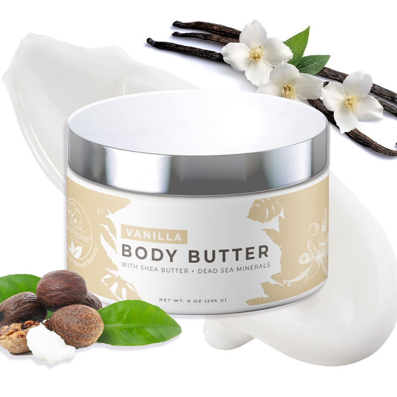 Natural Elephant Body Butter with Shea Butter, Dead Sea Minerals & Vitamin E - Luxurious Moisturizer, Hydrating Cream, Cruelty-Free, Paraben-Free, 9 oz (Vanilla) Vanilla